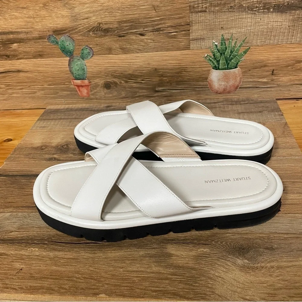 Stuart Weitzman Elodie Leather Slide Sandal Womens size 9 white neutral